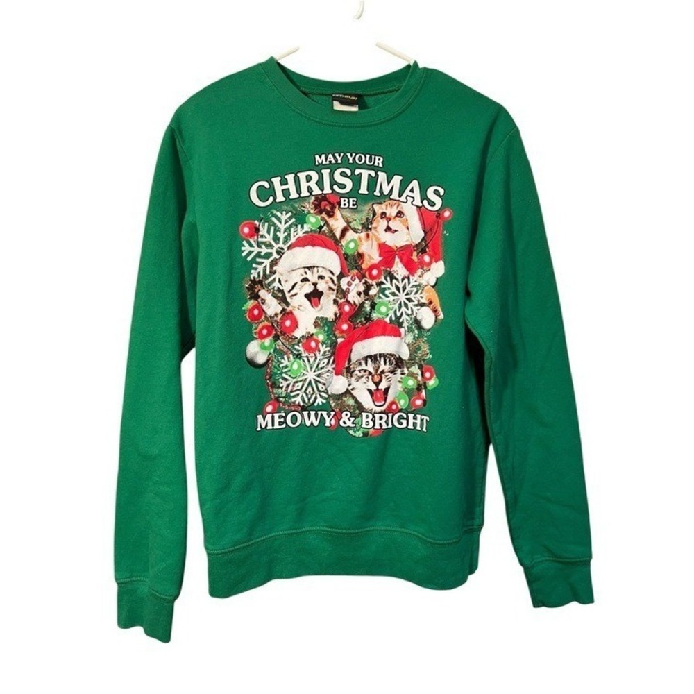 Fifth Sun Kids Sz Medium Christmas Cats Sweatshirt Green Meowy and Bright Cotton